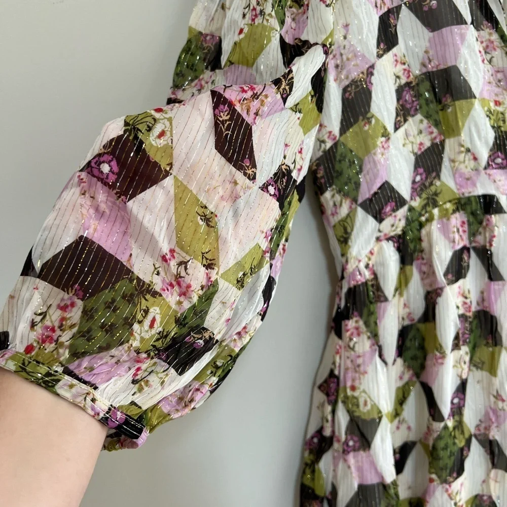 NWT J. Crew Lurex® Metallic Threads Chiffon Midi in Patchwork Print,  size 2